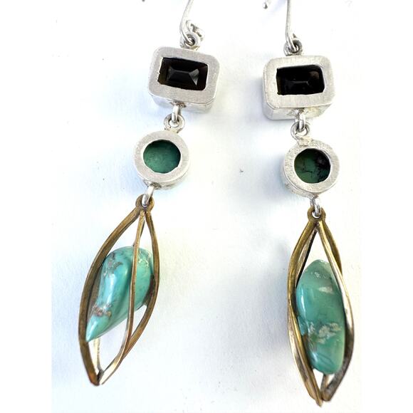 Natural Turquoise Smokey Quartz Dangle Earrings Sterling Silver Brass Cage - Picture 7 of 9